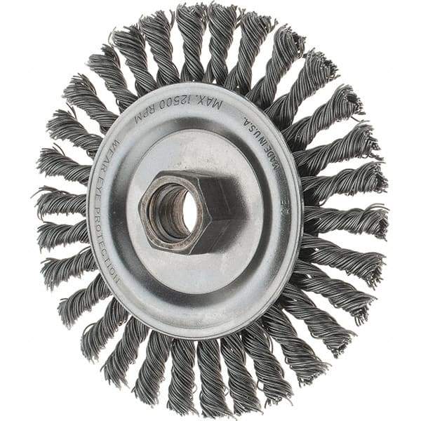 Tru-Maxx - 4-1/2" OD, 5/8-11 Arbor Hole, Stringer Bead Steel Wheel Brush - 3/16" Face Width, 13/16" Trim Length, 0.02" Filament Diam, 12,500 RPM - A1 Tooling