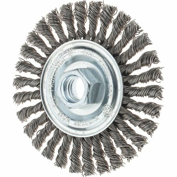 Tru-Maxx - 4" OD, 5/8-11 Arbor Hole, Stringer Bead Stainless Steel Wheel Brush - 1/4" Face Width, 7/8" Trim Length, 0.02" Filament Diam, 20,000 RPM - A1 Tooling