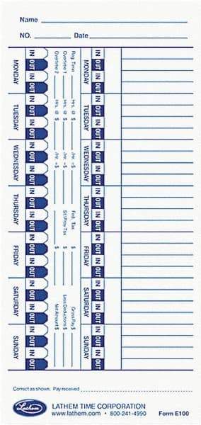 Lathem Time - 1-1/4" High x 4" Wide Weekly Time Cards - Use with Lathem E Series Time Recorders - A1 Tooling