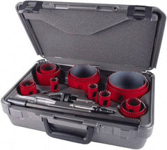 M.K. MORSE - 19 Piece, 3/4" to 4-1/2" Saw Diam, Industrial Hole Saw Kit - Bi-Metal, Toothed Edge, Pilot Drill Model No. MAPD301, Includes 5 Hole Saws - A1 Tooling