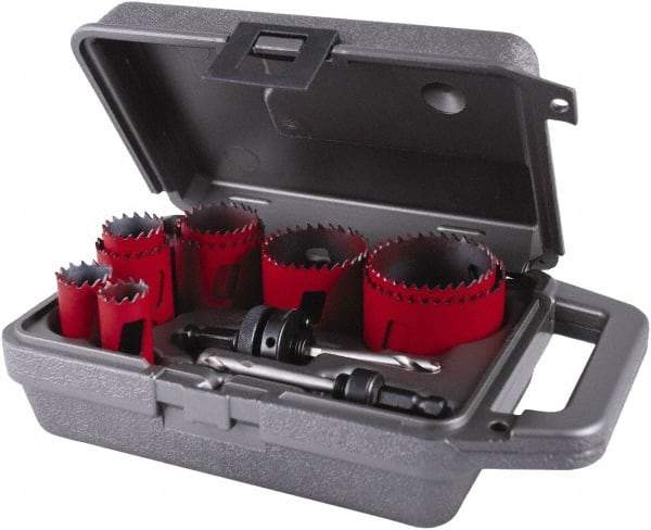 M.K. MORSE - 11 Piece, 3/4" to 2-1/2" Saw Diam, General Purpose Hole Saw Kit - Bi-Metal, Toothed Edge, Pilot Drill Model No. MAPD301, Includes 3 Hole Saws - A1 Tooling