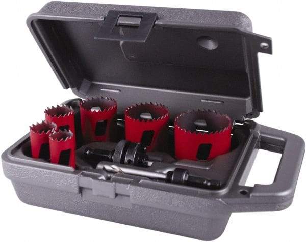 M.K. MORSE - 8 Piece, 3/4" to 2-1/4" Saw Diam, Plumber's Hole Saw Kit - Bi-Metal, Toothed Edge, Pilot Drill Model No. MAPD301, Includes 2 Hole Saws - A1 Tooling