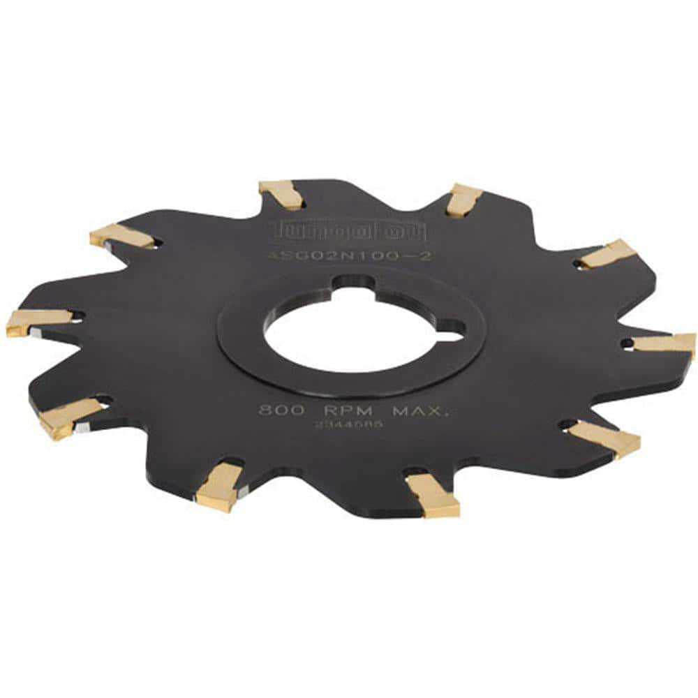 Indexable Slotting Cutter: 0.87'' Cutting Width, 2.4803'' Cutter Dia, Arbor Hole Connection, 0.591'' Depth of Cut, 0.394'' Hole, Neutral Self Clamping, Uses 6 SS Inserts, 6 Teeth, Straight, Positive, Steel, Black Oxide Finish