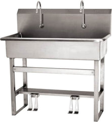 SANI-LAV - 37" Long x 16-1/2" Wide Inside, 1 Compartment, Grade 304 Stainless Steel (3) Person Wash-Station with Double Foot Valves - 16 Gauge, 40" Long x 20" Wide x 45" High Outside, 8" Deep - A1 Tooling