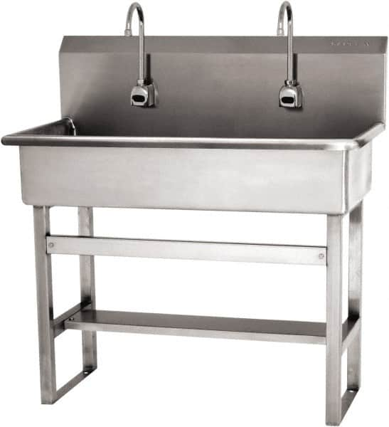 SANI-LAV - 37" Long x 16-1/2" Wide Inside, 1 Compartment, Grade 304 Stainless Steel (3) Person Wash-Station with Electronic Faucet - 16 Gauge, 40" Long x 20" Wide x 45" High Outside, 8" Deep - A1 Tooling