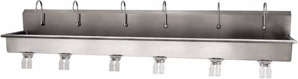 SANI-LAV - 117" Long x 16-1/2" Wide Inside, 1 Compartment, Grade 304 Stainless Steel (6) Person Wash-Station with Double Foot Valves - 16 Gauge, 120" Long x 20" Wide x 18" High Outside, 8" Deep - A1 Tooling