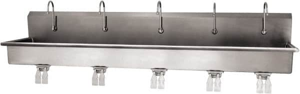 SANI-LAV - 97" Long x 16-1/2" Wide Inside, 1 Compartment, Grade 304 Stainless Steel (5) Person Wash-Station with Double Foot Valves - 16 Gauge, 100" Long x 20" Wide x 18" High Outside, 8" Deep - A1 Tooling