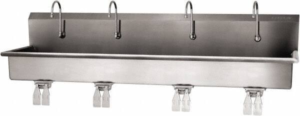 SANI-LAV - 77" Long x 16-1/2" Wide Inside, 1 Compartment, Grade 304 Stainless Steel (4) Person Wash-Station with Double Foot Valves - 16 Gauge, 80" Long x 20" Wide x 18" High Outside, 8" Deep - A1 Tooling