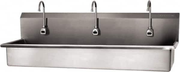 SANI-LAV - 57" Long x 16-1/2" Wide Inside, 1 Compartment, Grade 304 Stainless Steel (3) Person Wash-Station with Electronic Faucet - 16 Gauge, 60" Long x 20" Wide x 18" High Outside, 8" Deep - A1 Tooling