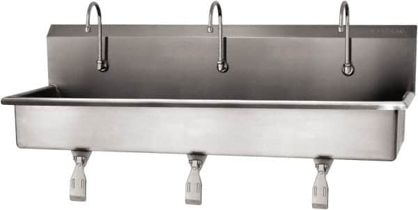 SANI-LAV - 57" Long x 16-1/2" Wide Inside, 1 Compartment, Grade 304 Stainless Steel (3) Person Wash-Station with Single Foot Valves - 16 Gauge, 60" Long x 20" Wide x 18" High Outside, 8" Deep - A1 Tooling