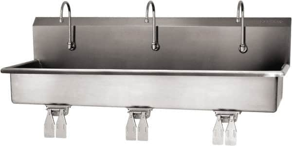 SANI-LAV - 57" Long x 16-1/2" Wide Inside, 1 Compartment, Grade 304 Stainless Steel (3) Person Wash-Station with Double Foot Valves - 16 Gauge, 60" Long x 20" Wide x 18" High Outside, 8" Deep - A1 Tooling