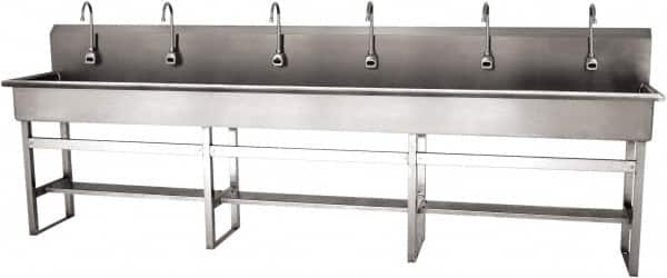 SANI-LAV - 117" Long x 16-1/2" Wide Inside, 1 Compartment, Grade 304 Stainless Steel (6) Person Wash-Station with Electronic Faucet - 16 Gauge, 120" Long x 20" Wide x 45" High Outside, 8" Deep - A1 Tooling