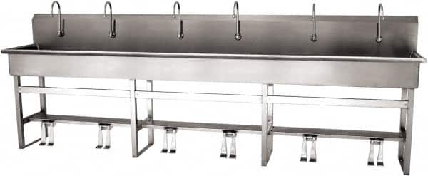 SANI-LAV - 117" Long x 16-1/2" Wide Inside, 1 Compartment, Grade 304 Stainless Steel (6) Person Wash-Station with Double Foot Valves - 16 Gauge, 120" Long x 20" Wide x 45" High Outside, 8" Deep - A1 Tooling