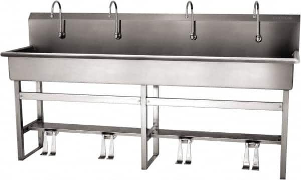 SANI-LAV - 77" Long x 16-1/2" Wide Inside, 1 Compartment, Grade 304 Stainless Steel (5) Person Wash-Station with Double Foot Valves - 16 Gauge, 80" Long x 20" Wide x 45" High Outside, 8" Deep - A1 Tooling