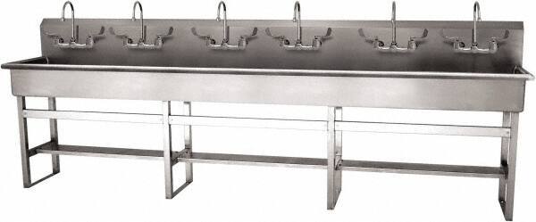 SANI-LAV - 117" Long x 16-1/2" Wide Inside, 1 Compartment, Grade 304 Stainless Steel (6) Person Wash-Station with Manual Faucet - 16 Gauge, 120" Long x 20" Wide x 45" High Outside, 8" Deep - A1 Tooling