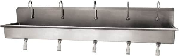 SANI-LAV - 97" Long x 16-1/2" Wide Inside, 1 Compartment, Grade 304 Stainless Steel (5) Person Wash-Station with Single Foot Valves - 16 Gauge, 100" Long x 20" Wide x 18" High Outside, 8" Deep - A1 Tooling