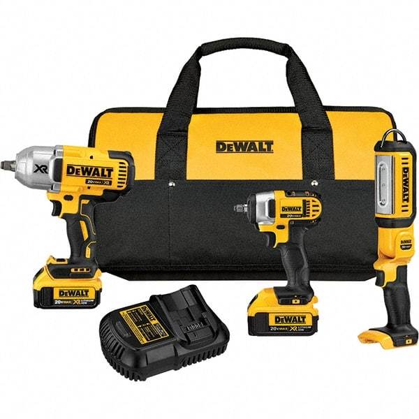 DeWALT - 20 Volt Cordless Tool Combination Kit - Includes 1/2" Impact Wrench, 3/8" Impact Wrench & Handheld Light, Lithium-Ion Battery Included - A1 Tooling