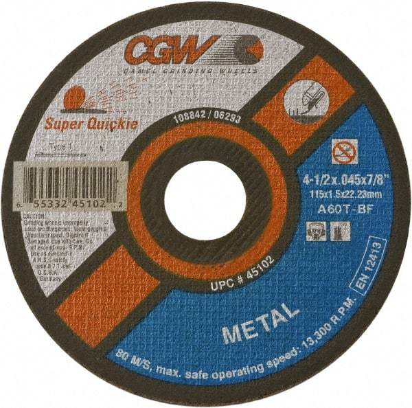 Camel Grinding Wheels - 5" 60 Grit Aluminum Oxide Cutoff Wheel - 0.045" Thick, 7/8" Arbor, 12,500 Max RPM - A1 Tooling