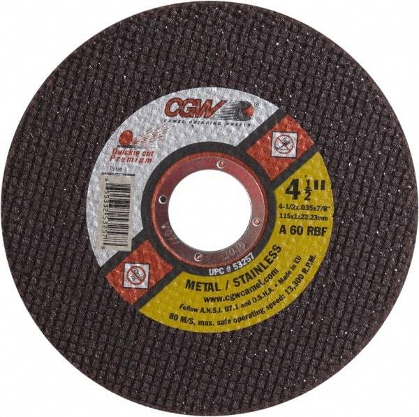 Camel Grinding Wheels - 4-1/2" 60 Grit Aluminum Oxide Cutoff Wheel - 0.035" Thick, 7/8" Arbor, 13,300 Max RPM - A1 Tooling