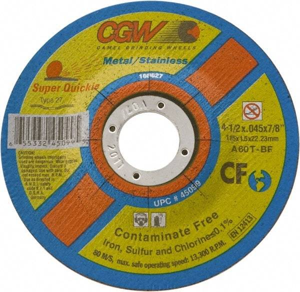 Camel Grinding Wheels - 4-1/2" 60 Grit Aluminum Oxide Cutoff Wheel - 0.045" Thick, 5/8-11 Arbor, 13,300 Max RPM - A1 Tooling