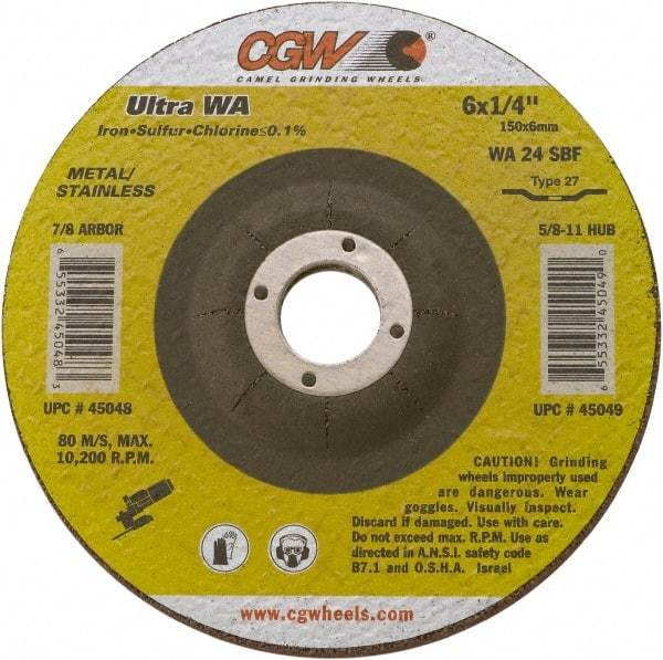 Camel Grinding Wheels - 24 Grit, 4-1/2" Wheel Diam, 1/4" Wheel Thickness, Type 27 Depressed Center Wheel - Coarse Grade, Aluminum Oxide, Resinoid Bond, 13,300 Max RPM - A1 Tooling