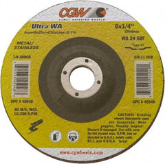 Camel Grinding Wheels - 24 Grit, 6" Wheel Diam, 1/4" Wheel Thickness, 7/8" Arbor Hole, Type 27 Depressed Center Wheel - Coarse Grade, Aluminum Oxide, Resinoid Bond, 10,200 Max RPM - A1 Tooling