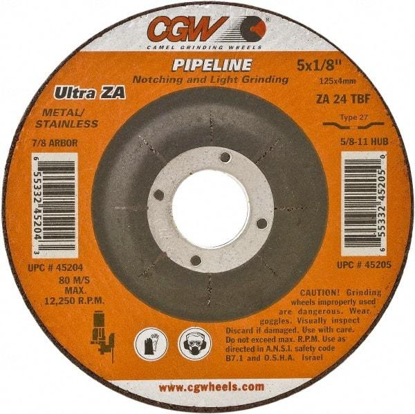 Camel Grinding Wheels - 24 Grit, 5" Wheel Diam, 1/8" Wheel Thickness, Type 27 Depressed Center Wheel - Coarse Grade, Zirconia Alumina, Resinoid Bond, 12,250 Max RPM - A1 Tooling