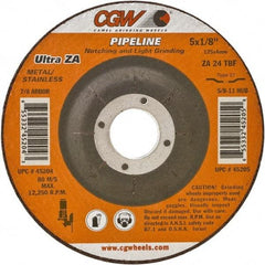 Camel Grinding Wheels - 24 Grit, 4-1/2" Wheel Diam, 1/8" Wheel Thickness, 7/8" Arbor Hole, Type 27 Depressed Center Wheel - Coarse Grade, Zirconia Alumina, Resinoid Bond, 13,300 Max RPM - A1 Tooling