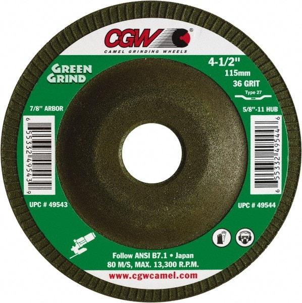 Camel Grinding Wheels - 36 Grit, 4-1/2" Wheel Diam, 5/32" Wheel Thickness, 7/8" Arbor Hole, Type 27 Depressed Center Wheel - Medium Grade, Zirconia Alumina, Resinoid Bond, 13,300 Max RPM - A1 Tooling