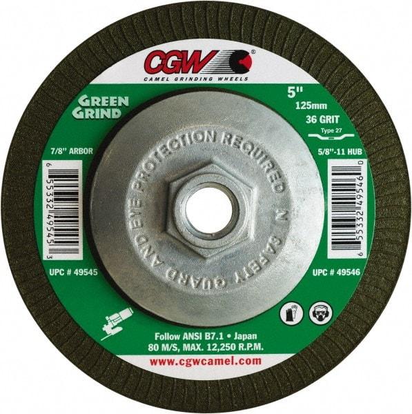 Camel Grinding Wheels - 36 Grit, 4-1/2" Wheel Diam, 5/32" Wheel Thickness, Type 27 Depressed Center Wheel - Medium Grade, Zirconia Alumina, Resinoid Bond, 13,300 Max RPM - A1 Tooling