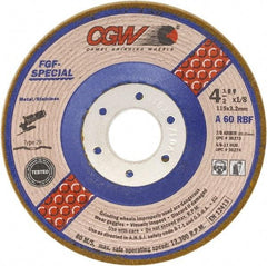 Camel Grinding Wheels - 60 Grit, 4-1/2" Wheel Diam, 1/8" Wheel Thickness, 7/8" Arbor Hole, Type 29 Depressed Center Wheel - Medium Grade, Aluminum Oxide, Resinoid Bond, 13,300 Max RPM - A1 Tooling