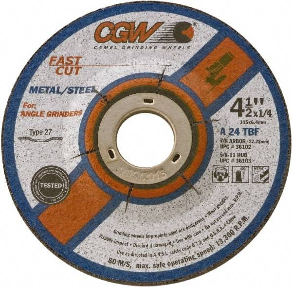 Camel Grinding Wheels - 24 Grit, 9" Wheel Diam, 1/4" Wheel Thickness, Type 28 Depressed Center Wheel - Coarse Grade, Aluminum Oxide, Resinoid Bond, 6,660 Max RPM - A1 Tooling