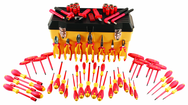 66 Piece - Insulated Tool Set with Pliers; Cutters; Nut Drivers; Screwdrivers; T Handles; Knife; Sockets & 3/8" Drive Ratchet w/Extension; Adjustable Wrench - A1 Tooling
