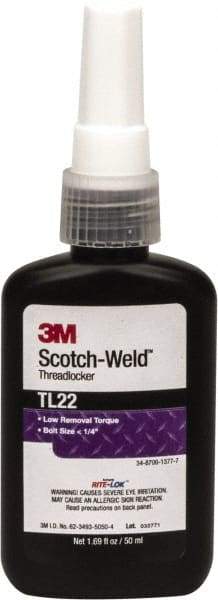 3M - 50 mL Bottle, Purple, Low Strength Liquid Threadlocker - Series TL22, 24 hr Full Cure Time, Hand Tool Removal - A1 Tooling