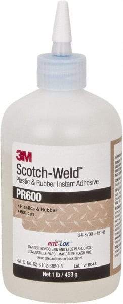 3M - 1 Lb Bottle Clear Instant Adhesive - Series PR600, 4 to 25 sec Working Time, 24 hr Full Cure Time, Bonds to Cardboard, Ceramic, Fabric, Fiberglass, Foam, Glass, Leather, Metal, Paper, Plastic, Rubber, Vinyl & Wood - A1 Tooling