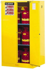 Justrite - 2 Door, 2 Shelf, Yellow Steel Standard Safety Cabinet for Flammable and Combustible Liquids - 65" High x 34" Wide x 34" Deep, Self Closing Door, 3 Point Key Lock, 60 Gal Capacity - A1 Tooling