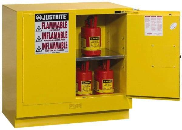 Justrite - 2 Door, 1 Shelf, Yellow Steel Under the Counter Safety Cabinet for Flammable and Combustible Liquids - 35" High x 35" Wide x 22" Deep, Self Closing Door, 22 Gal Capacity - A1 Tooling