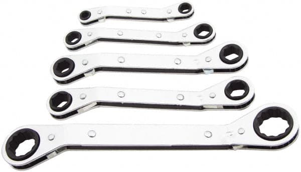 Lang - 5 Piece, 7 x 8 to 15 x 17mm, Ratcheting Box Wrench Set - Metric System of Measurement, Chrome Finish, Comes in Vinyl Roll - A1 Tooling