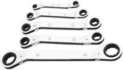 Lang - 5 Piece, 7 x 8 to 15 x 17mm, Ratcheting Box Wrench Set - Metric System of Measurement, Chrome Finish, Comes in Vinyl Roll - A1 Tooling