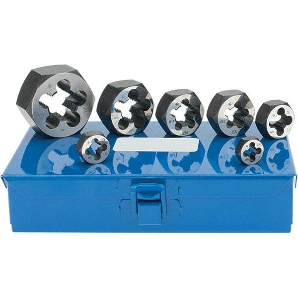 Vermont Tap & Die - M6x1.00 to M20x2.50 Metric, Hex Die Set - Carbon Steel, 7 Piece Set, Comes with Metal Case - Exact Industrial Supply