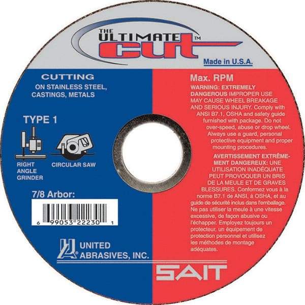 Sait - 4-1/2" Aluminum Oxide Cutoff Wheel - 0.045" Thick, 7/8" Arbor, 13,300 Max RPM, Use with Angle Grinders - A1 Tooling