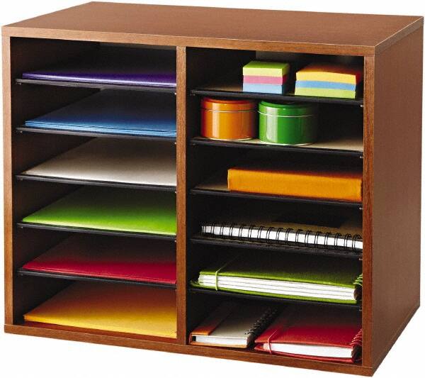 Safco - 19-1/2" Wide x 16" High x 12" Deep Fiberboard, Hardboard & Laminated Compressed Wood Document Organizer - 12 Compartments, Cherry, 9" Wide x 2-3/8" High x 11-1/2" Deep Compartment - A1 Tooling