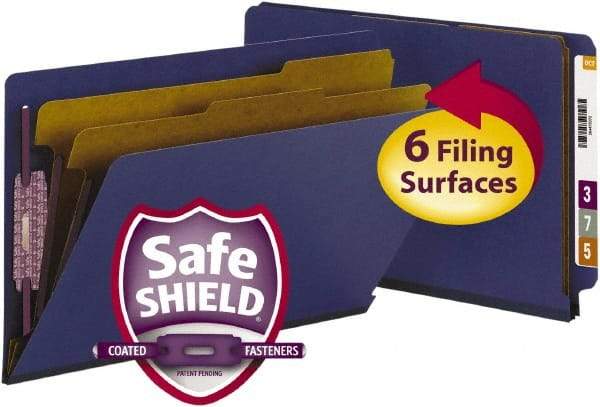 SMEAD - 9-1/2 x 14-1/2", Legal, Dark Blue, Classification Folders with End Tab Fastener - 23 Point Stock, Straight Tab Cut Location - A1 Tooling