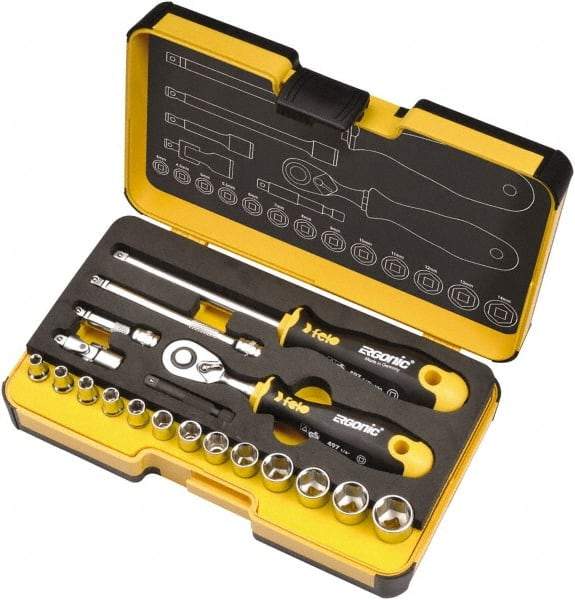 Felo - 19 Piece 1/4" Drive Chrome Finish Socket Set - 6 Points, 1/8" to 9/16" Range, Inch Measurement Standard - A1 Tooling