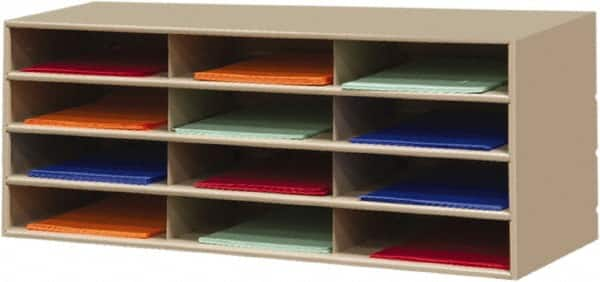 Durham - 38" Wide x 18" High x 16" Deep Steel Literature Holder - 12 Compartments, Tan, 11" Wide x 3" High x 11-5/8" Deep Compartment - A1 Tooling