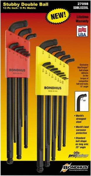 Bondhus - 22 Piece, L-Wrench Ball End Hex Key Set - 0.05 to 3/8" Range, 3.16" OAL, - A1 Tooling