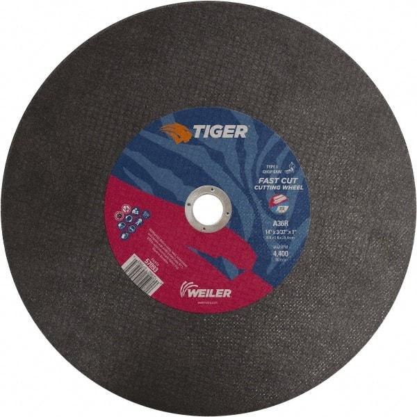 Weiler - 14" 36 Grit Aluminum Oxide Cutoff Wheel - 3/32" Thick, 1" Arbor, 4,400 Max RPM, Use with Chop Saws - A1 Tooling