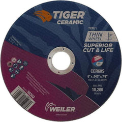 Weiler - 6" 60 Grit Ceramic Cutoff Wheel - 0.045" Thick, 7/8" Arbor, 10,200 Max RPM, Use with Angle Grinders - A1 Tooling