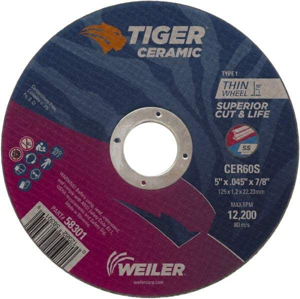 Weiler - 5" 60 Grit Ceramic Cutoff Wheel - 0.045" Thick, 7/8" Arbor, 12,200 Max RPM, Use with Angle Grinders - A1 Tooling