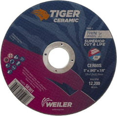 Weiler - 5" 60 Grit Ceramic Cutoff Wheel - 0.045" Thick, 7/8" Arbor, 12,200 Max RPM, Use with Angle Grinders - A1 Tooling